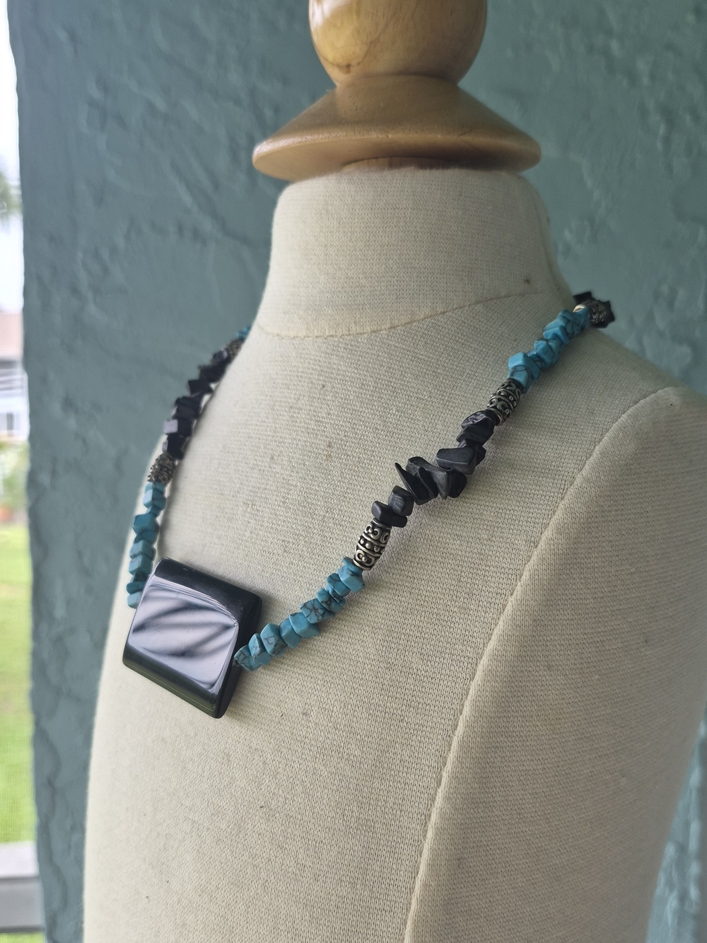 Handcrafted Faux Turquoise & Black Statement Necklace